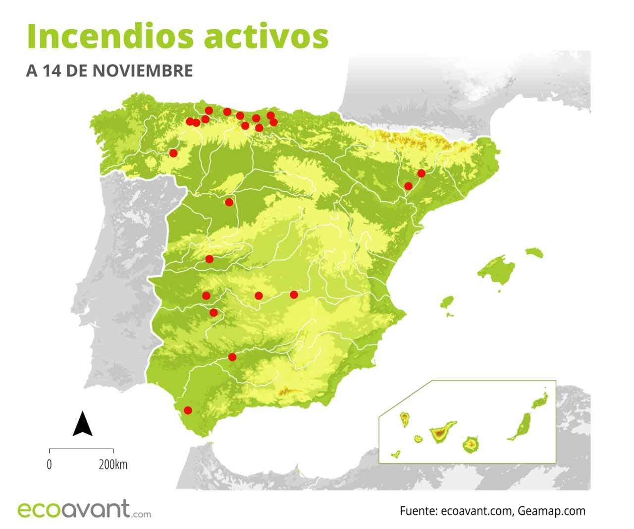 Mapa de los incendios forestales activos a 14 de noviembre de 2022 / Mapa: EA Mapa de los incendios forestales activos a 14 de noviembre de 2022 / Mapa: EA