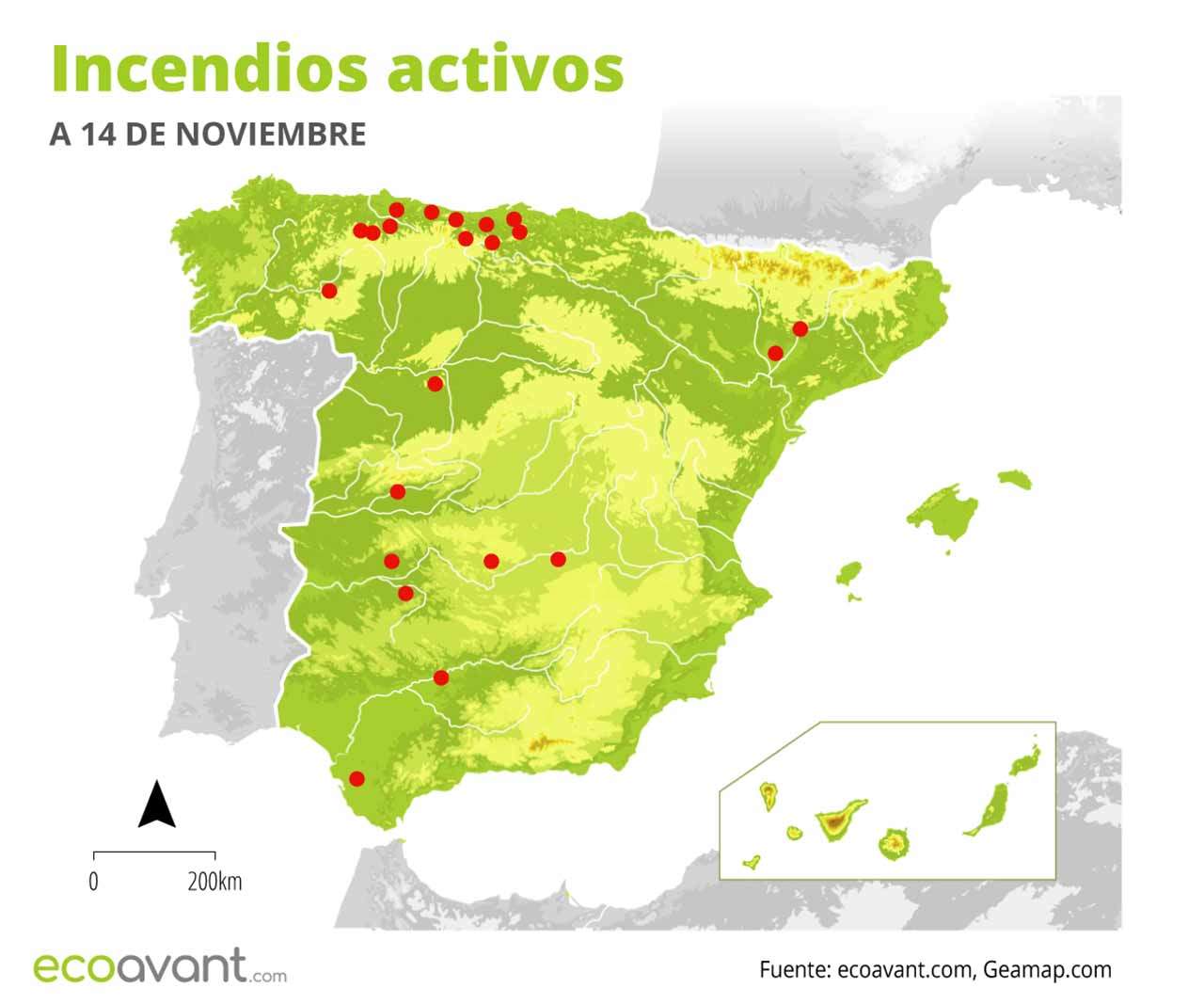 Mapa de los incendios forestales activos a 14 de noviembre de 2022 / Mapa: EA