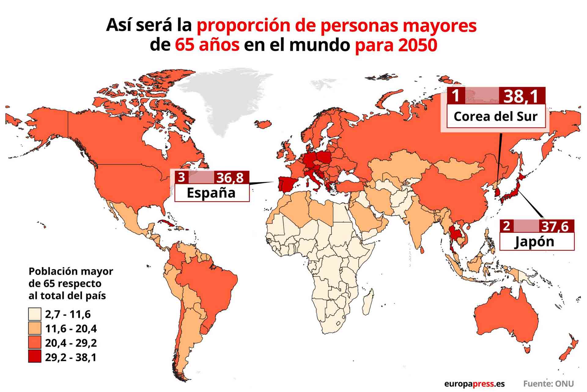 Proporción de personas mayores de 65 años en el mundo para 2050 / Foto: EP