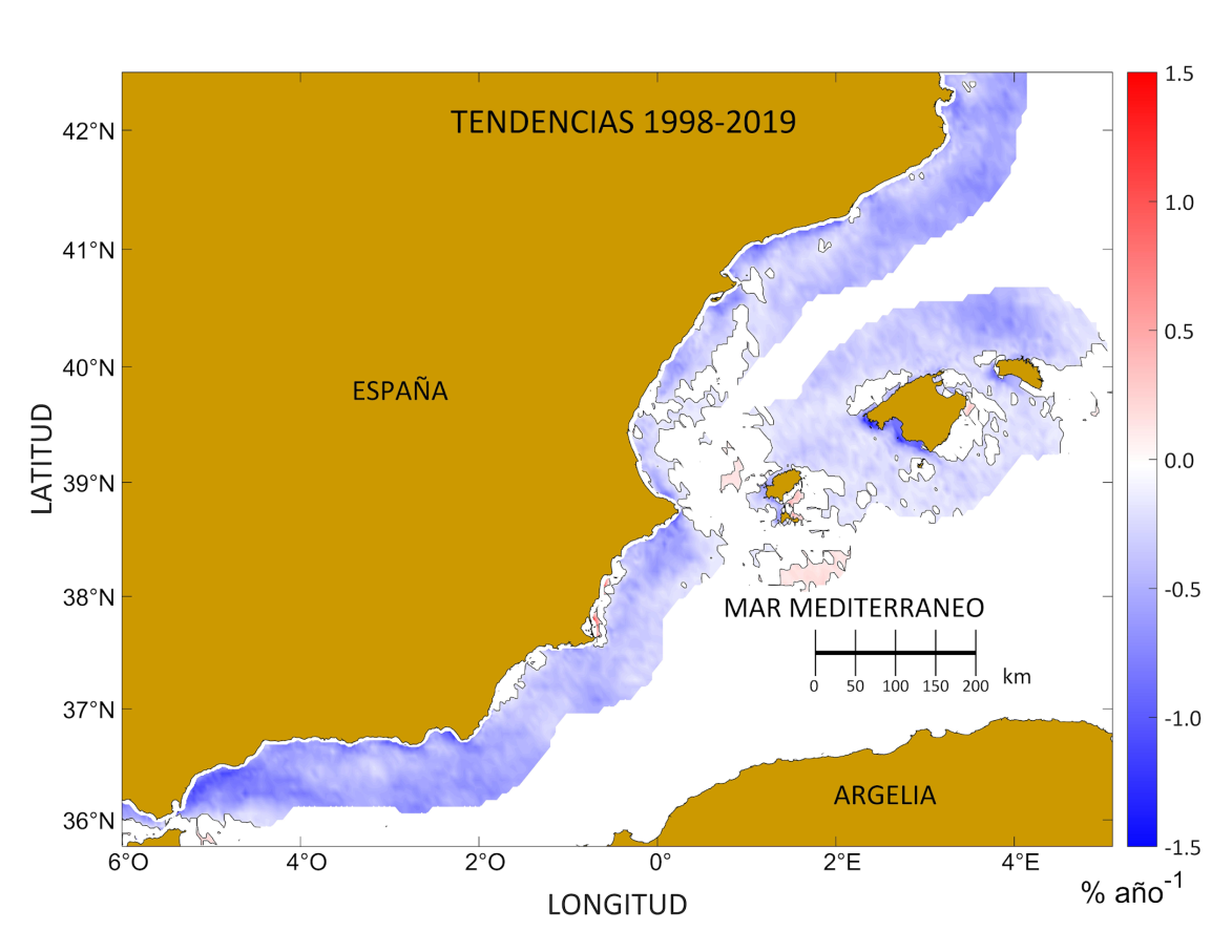 Tendencias relativas en la concentración superficial de la clorofila durante el periodo 1998-2019 Tendencias relativas en la concentración superficial de la clorofila durante el periodo 1998-2019