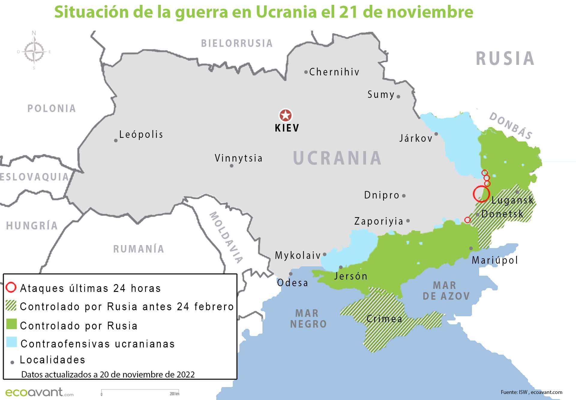 Situación de la guerra en Ucrania el 21 de noviembre de 2022 / Mapa: EA