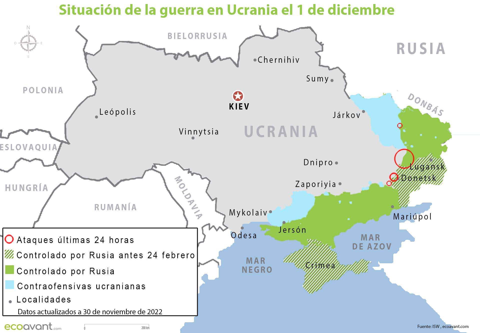 Situación de la guerra en Ucrania el 1 de diciembre de 2022 / Mapa: EA