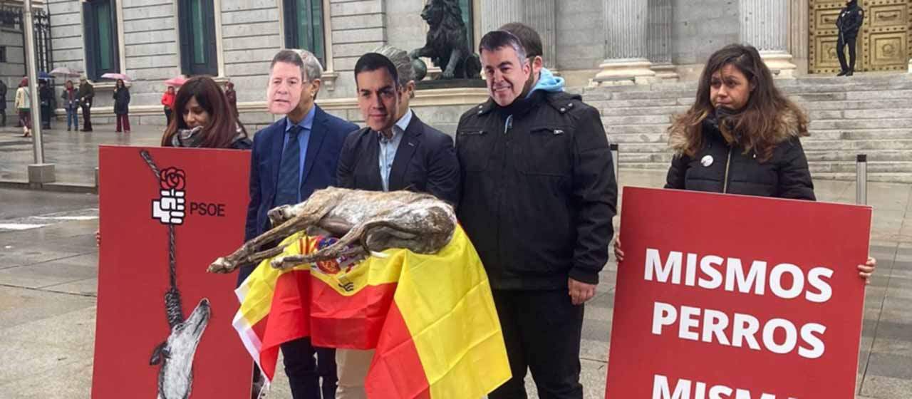 Exigen la retirada de la enmienda del PSOE sobre perros de caza con un galgo muerto ante el Congreso / Foto: EP