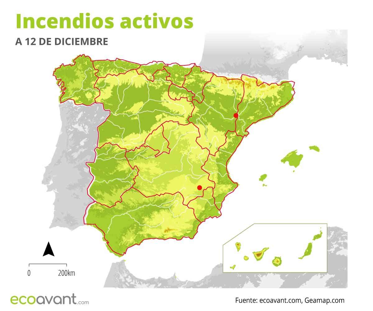 Mapa de los incendios forestales activos en España a 12 de diciembre de 2022 / Mapa: EA