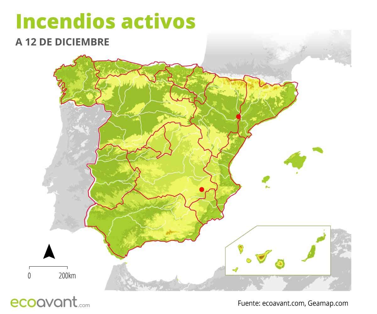Mapa de los incendios forestales activos en España a 12 de diciembre de 2022 / Mapa: EA Mapa de los incendios forestales activos en España a 12 de diciembre de 2022 / Mapa: EA