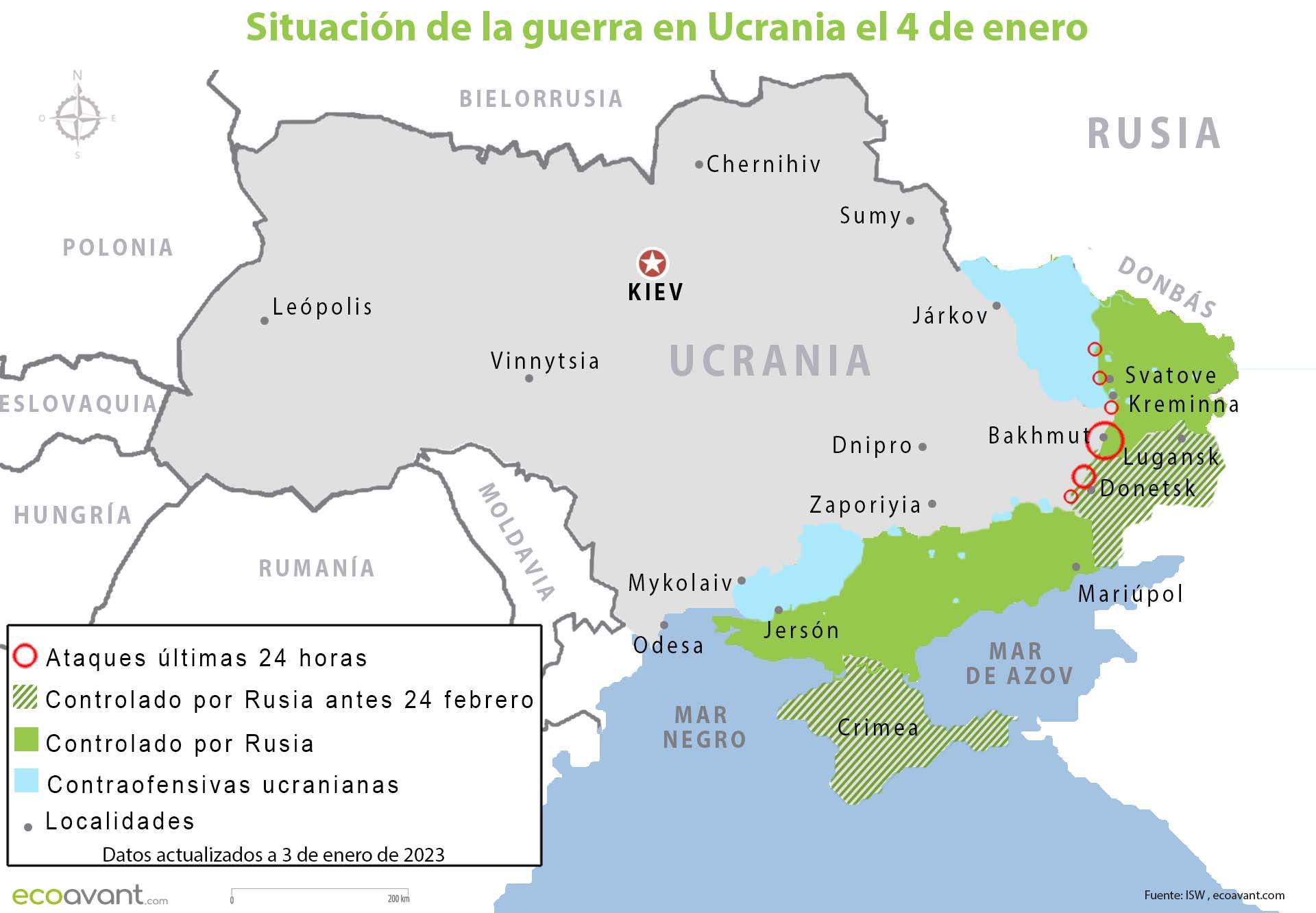 Situación de la guerra en Ucrania el 4 de enero de 2023 / Mapa: EA
