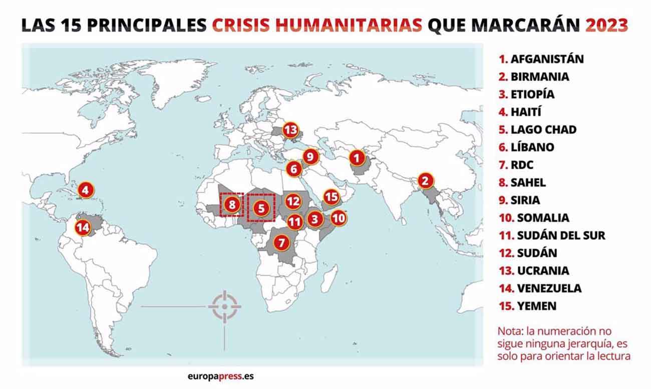 Mapa de las 15 principales crisis humanitarias que marcarán 2023