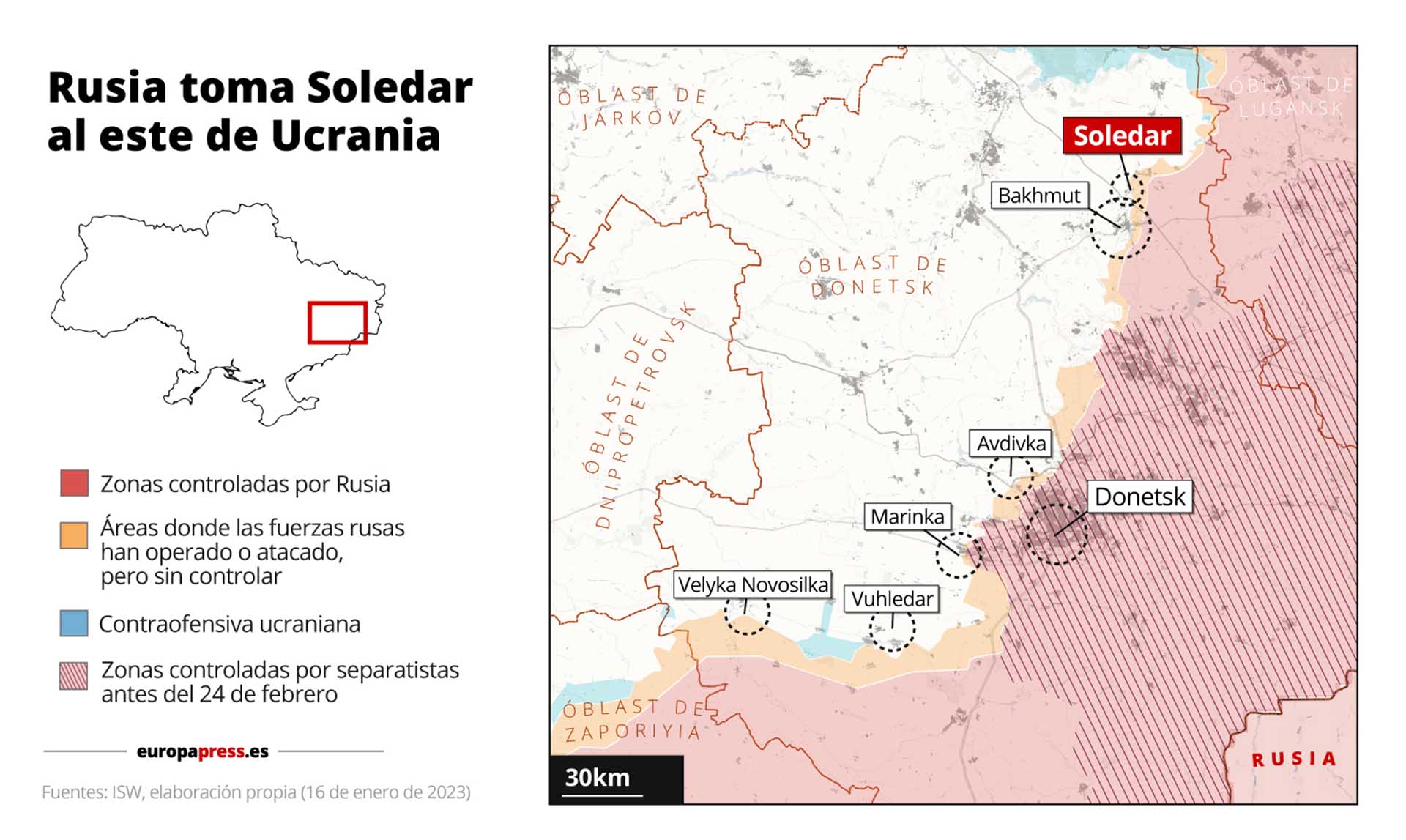 Mapa de la toma de Soledar por parte de Rusia / Mapa: EP