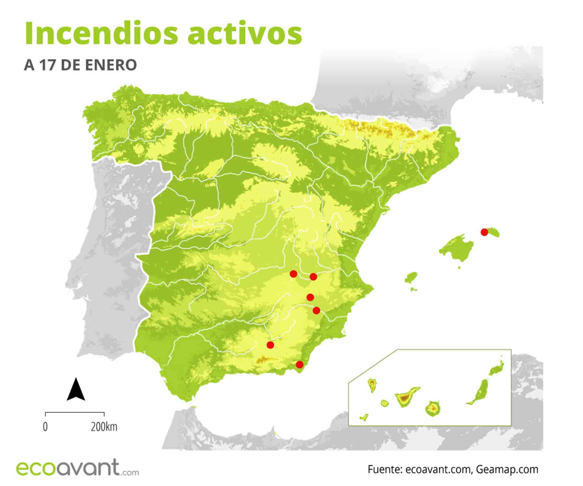 Mapa de los incendios forestales activos a 17 de enero de 2023 / Mapa: EcoAvant.com Mapa de los incendios forestales activos a 17 de enero de 2023 / Mapa: EcoAvant.com