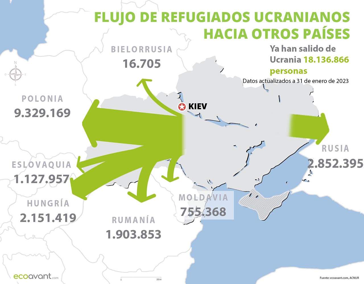 Flujo de refugiados de Ucrania hacia otros países a 31 enero de 2023 / Mapa: EA