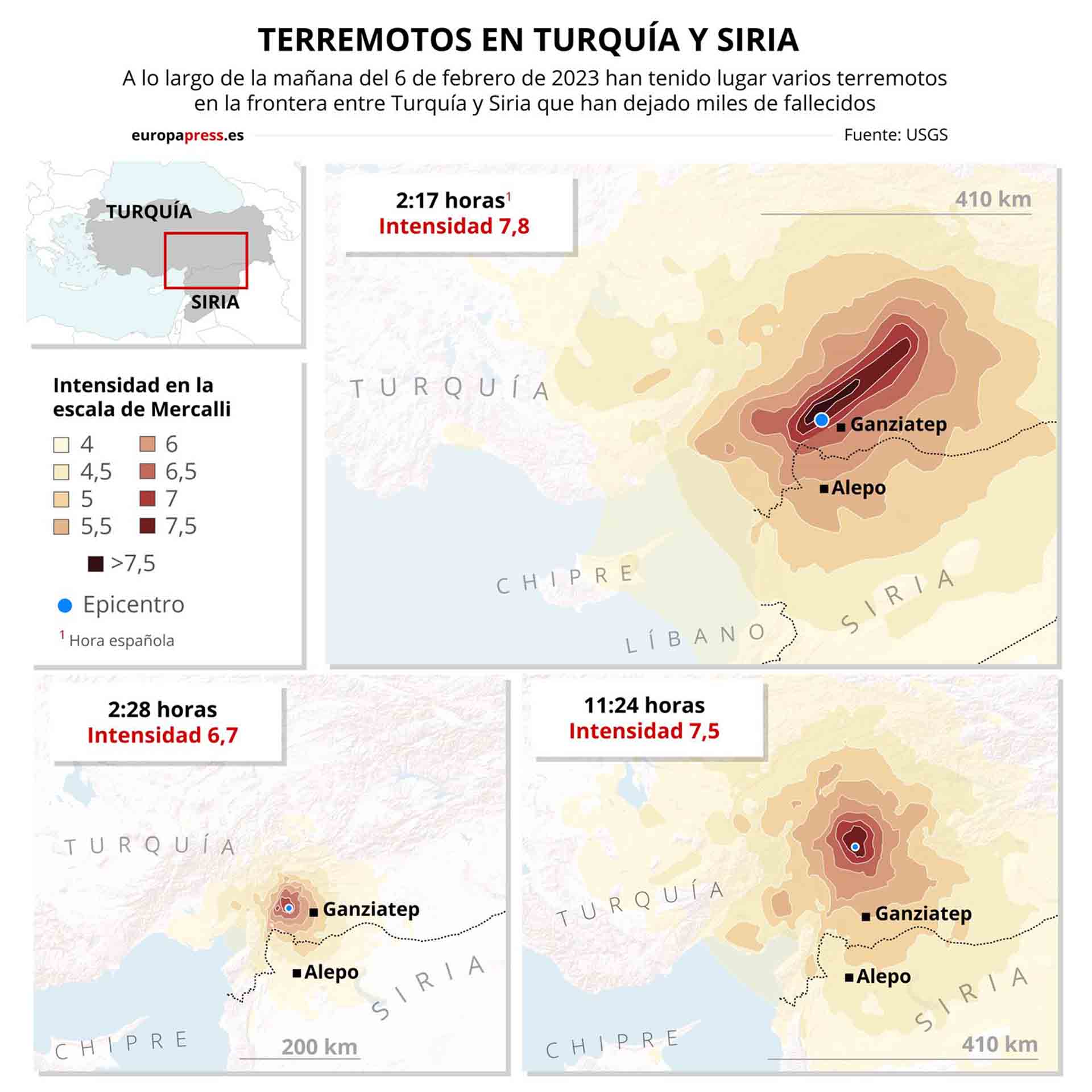 Mapas de los terremotos en Turquía y Siria