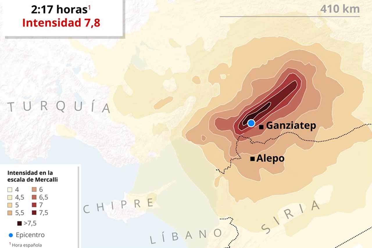 Mapa de unos de los epicentros de los terremotos de Turquía y Siria / Mapa: EP