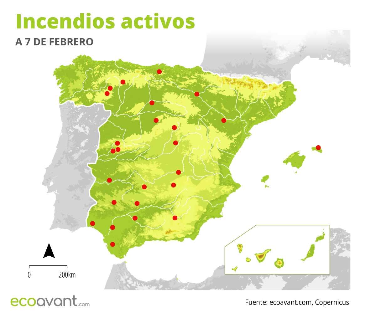 Mapa de los incendios forestales activos a 7 de febrero de 2023 / Mapa: EcoAvant.com Mapa de los incendios forestales activos a 7 de febrero de 2023 / Mapa: EcoAvant.com