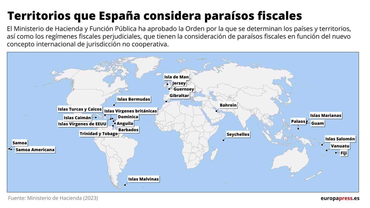 Mapa de territorios que España considera paraísos fiscales / Imagen: EP