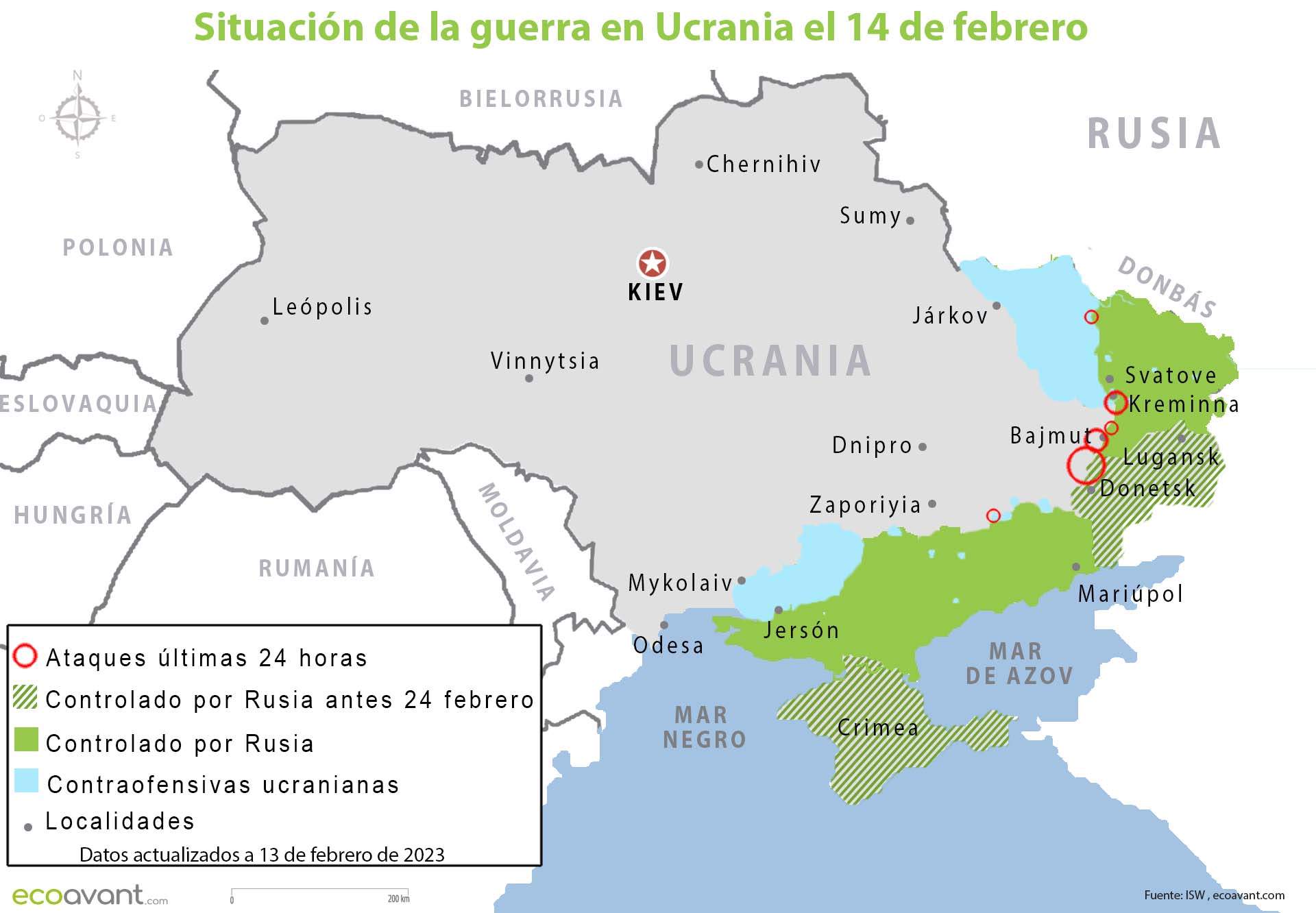 Situación de la guerra en Ucrania el 14 de febrero de 2023 / Mapa: EA