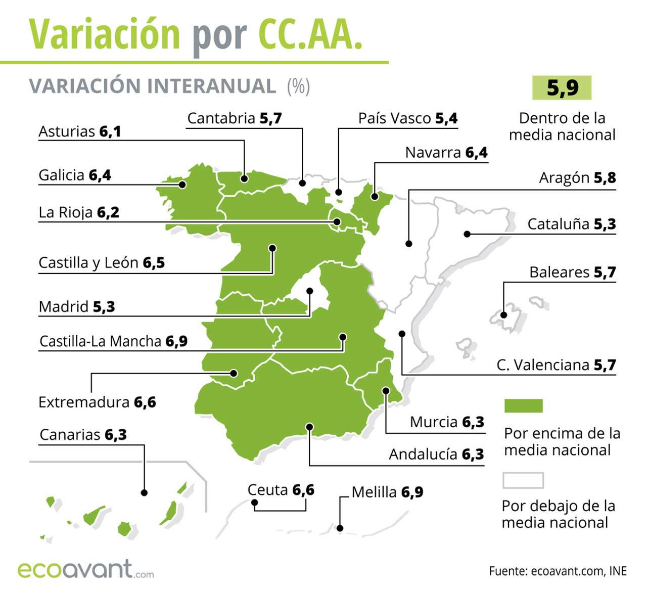 Variación interanual del IPC por CCAA hasta enero de 2023 / Mapa: EA