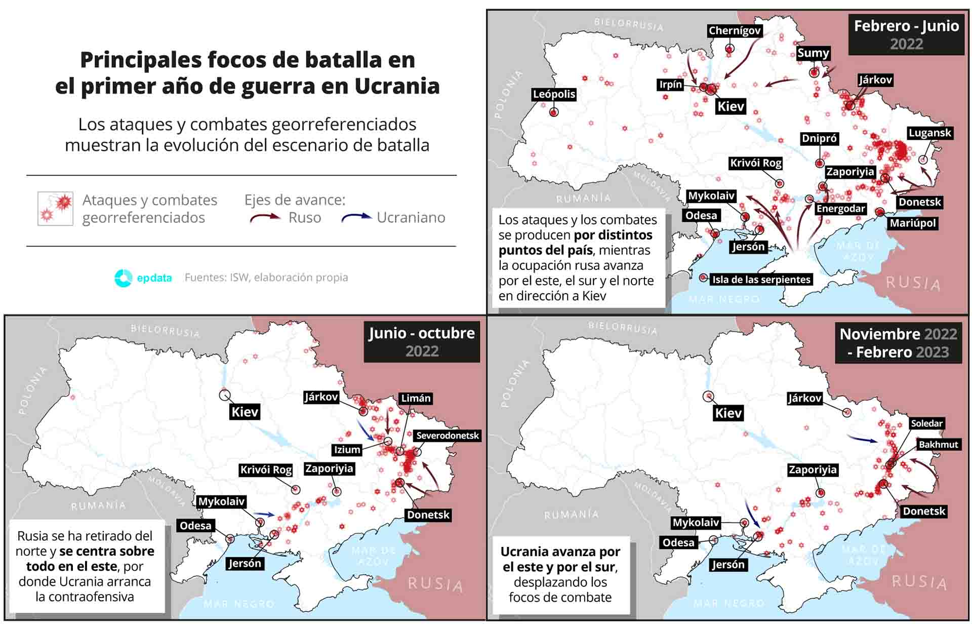 Principales focos de batalla en el primer año de guerra en Ucrania / Mapas: EP Principales focos de batalla en el primer año de guerra en Ucrania / Mapas: EP