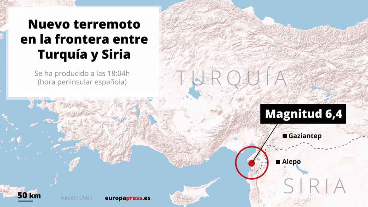 Mapa del nuevo terremoto en la frontera entre Turquía y Siria / Mapa: EP