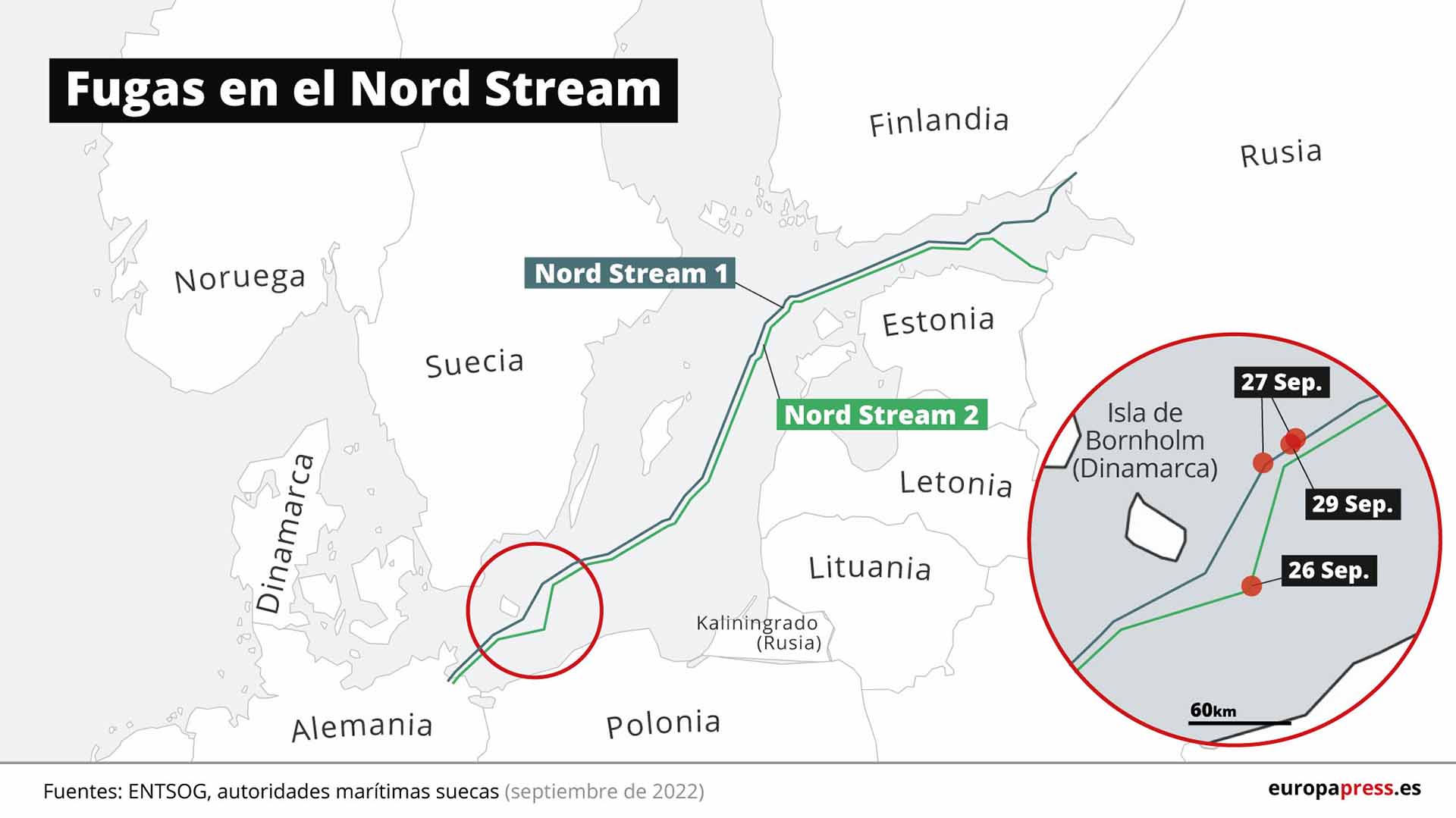 Fugas en el Nord Stream / Mapa: EP