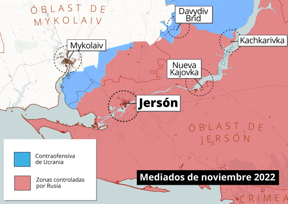 Ucrania recupera el 11 de noviembre la ciudad de Jersón / Mapa: EP Ucrania recupera el 11 de noviembre la ciudad de Jersón / Mapa: EP