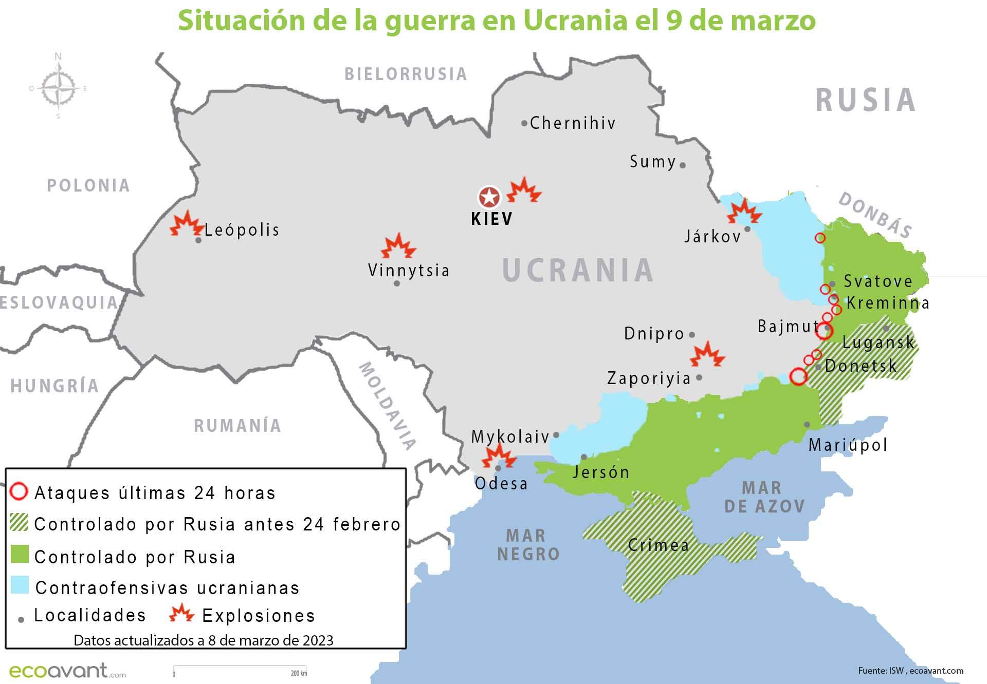 Situación de la guerra en Ucrania el 9 de marzo de 2023 / Mapa: EA Situación de la guerra en Ucrania el 9 de marzo de 2023 / Mapa: EA