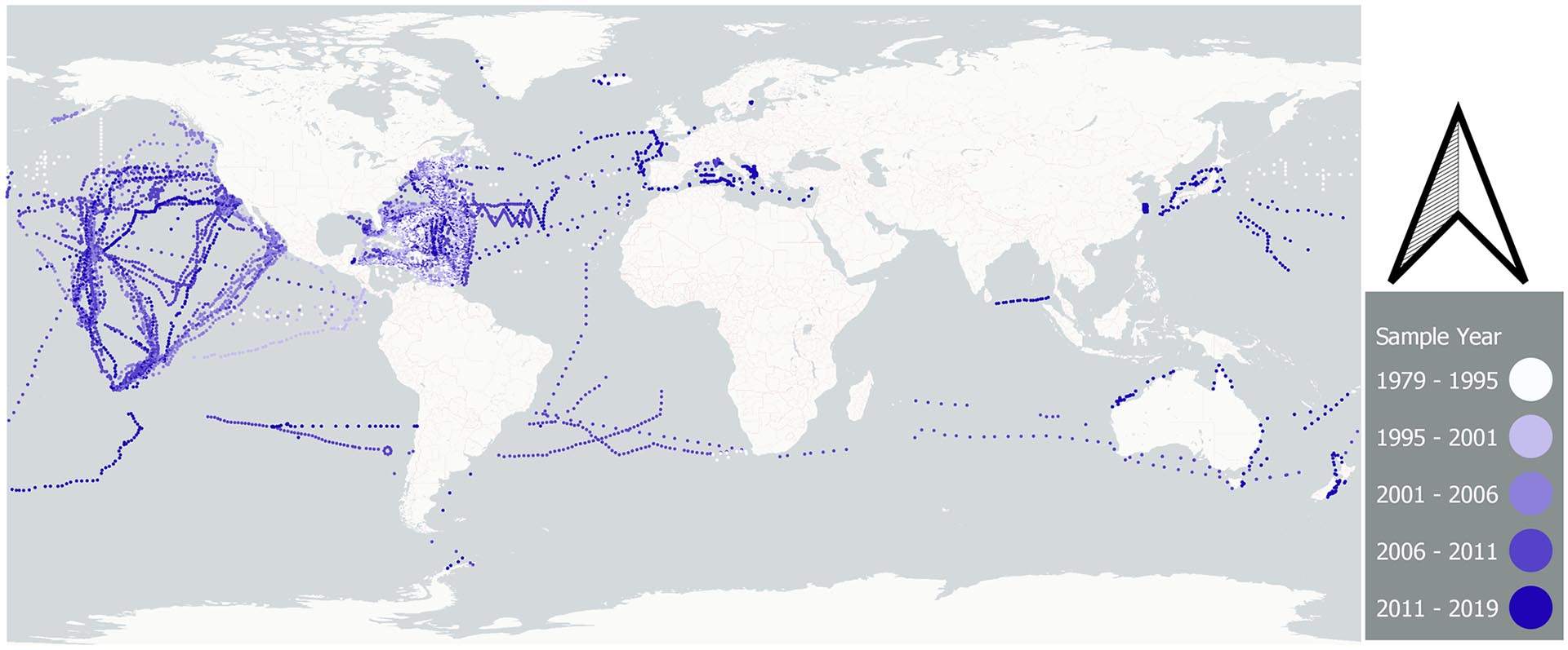 Un creciente smog plástico, ahora estimado en más de 170 billones de partículas de plástico flotando en los océanos del mundo / Mapa: Marcus Eriksen