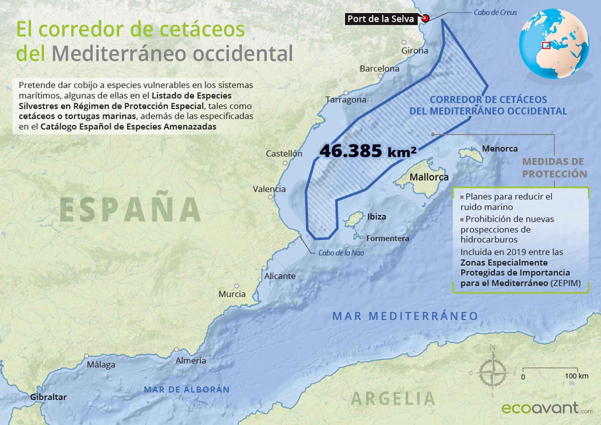 Mapa del corredor de cetáceos del Mediterráneo occidental / Mapa: EA