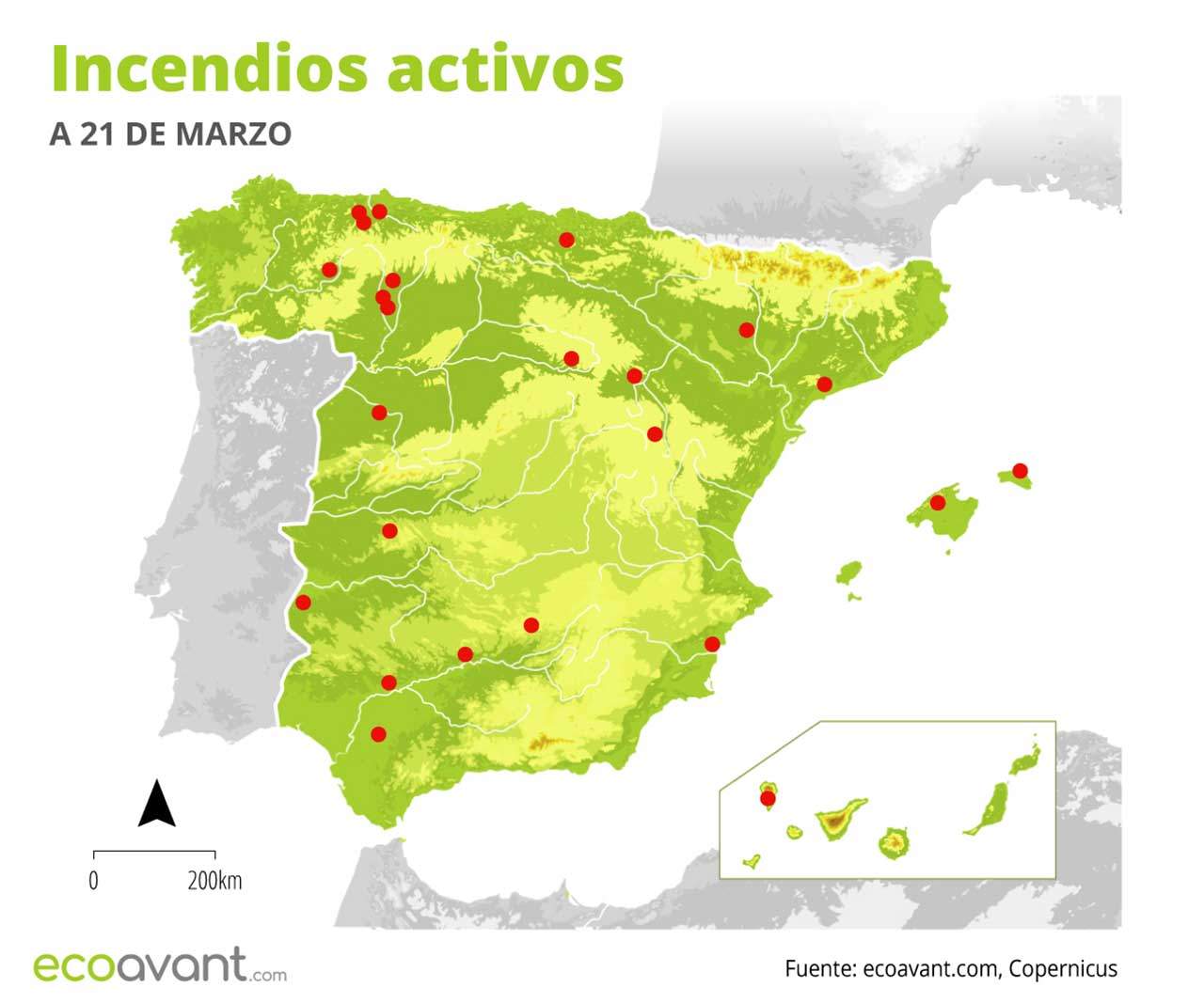 Mapa de los incendios forestales activos a 21 de marzo de 2023 / Foto: EA