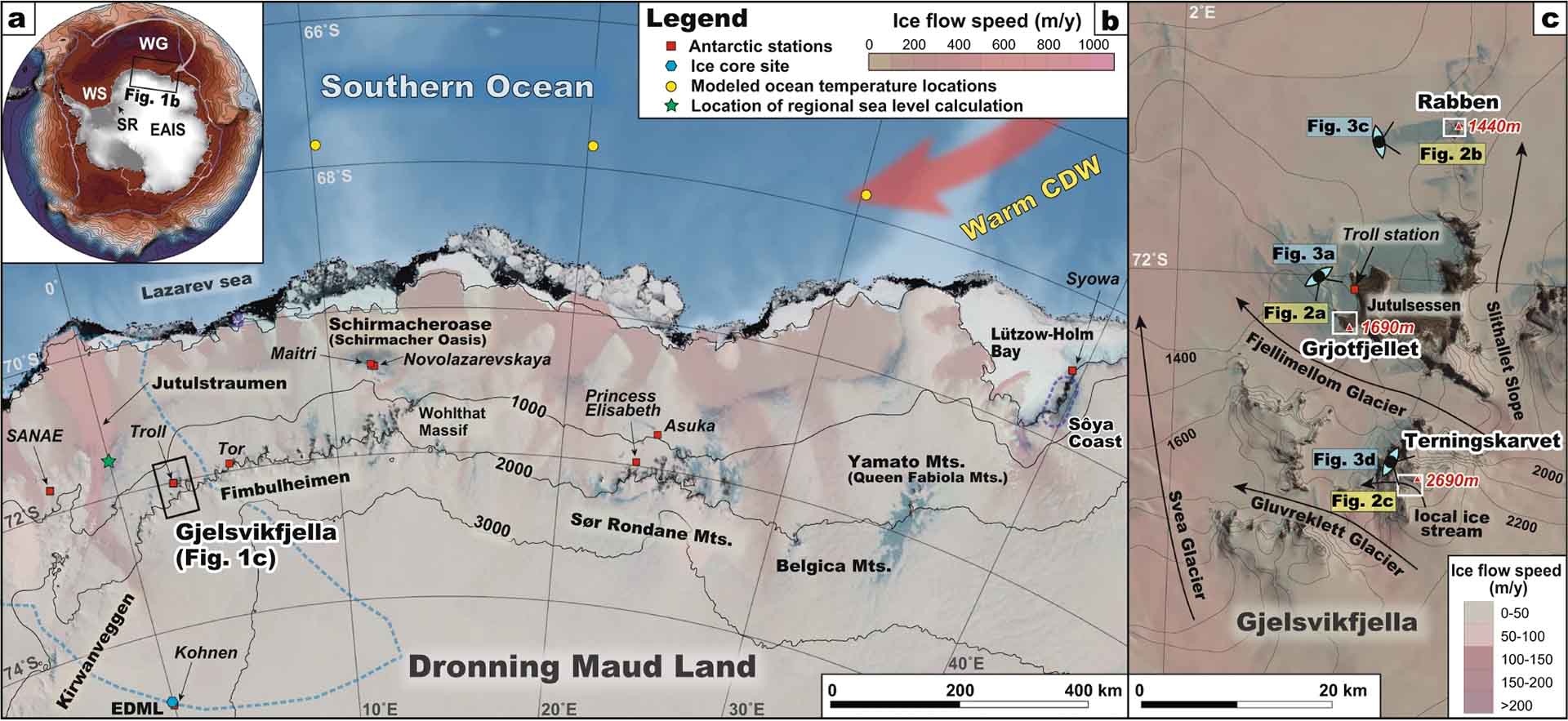 Área de estudio. Nivel alto regional del mar desencadenó el adelgazamiento de la capa de hielo del Holoceno en la costa de Dronning Maud Land, Antártida Oriental / Imágen:Communications earth & environment