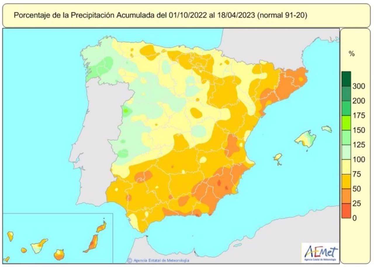 a media de precipitaciones recogidas en España del 1 de octubre de 2022 al 18 de abril de 2023 está un 23% por debajo de lo normal / Imagen: AEMET