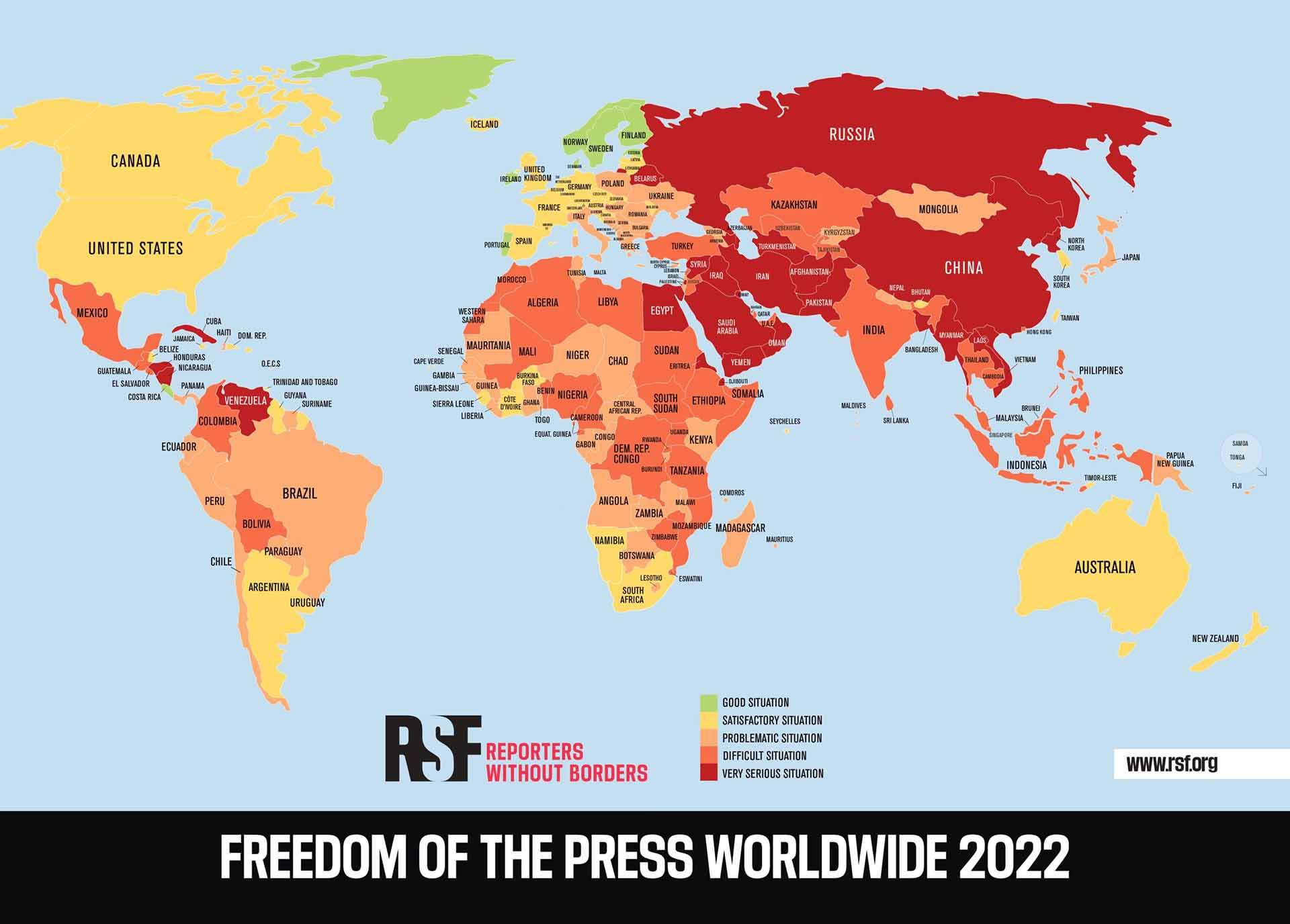Mapa de la Clasificación Mundial de la Libertad de Prensa RSF 2023 / Mapa: RSF