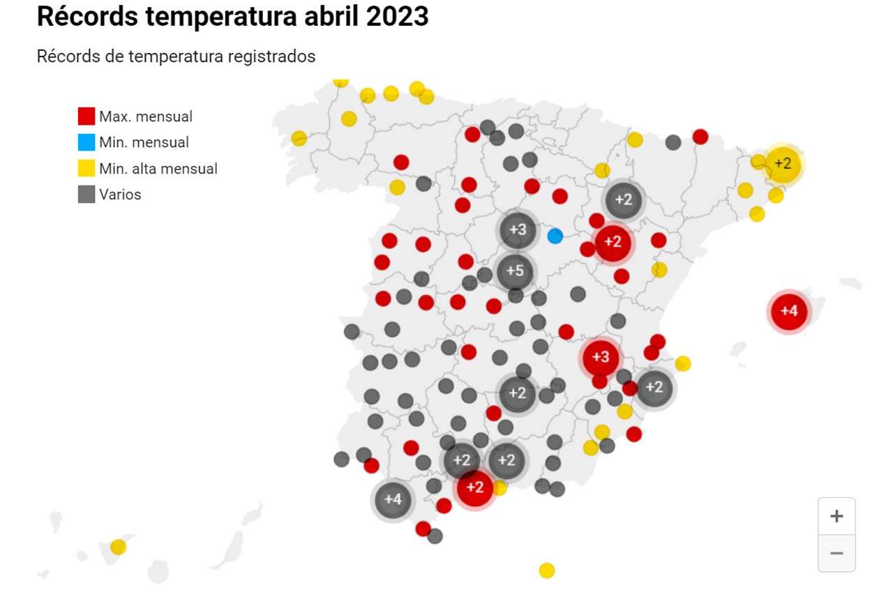 Representación de los récords de temperaturas alcanzados en España durante el mes de abril / Foto: Eltiempo.es - EP