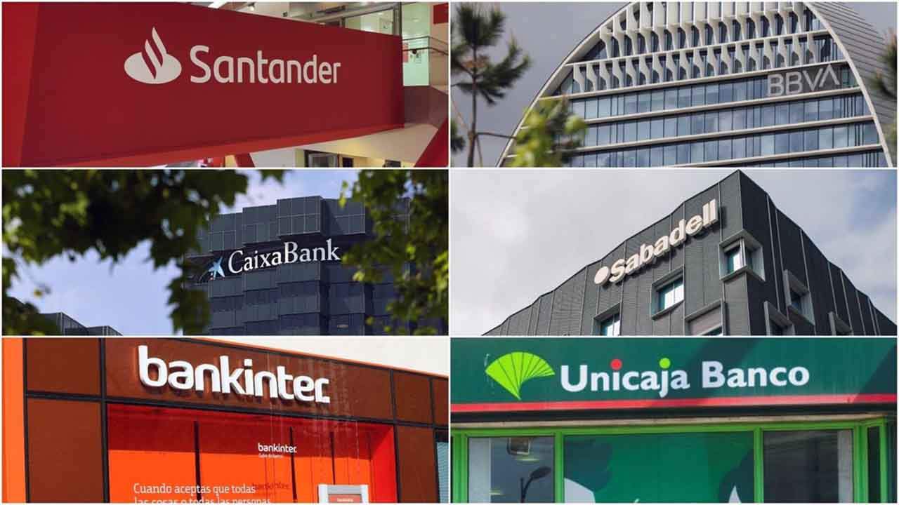Logos de Banco Santander, BBVA, CaixaBank, Banco Sabadell, Bankinter y Unicaja Banco. La gran banca gana casi un 14% más en el primer trimestre / Imagen: EP