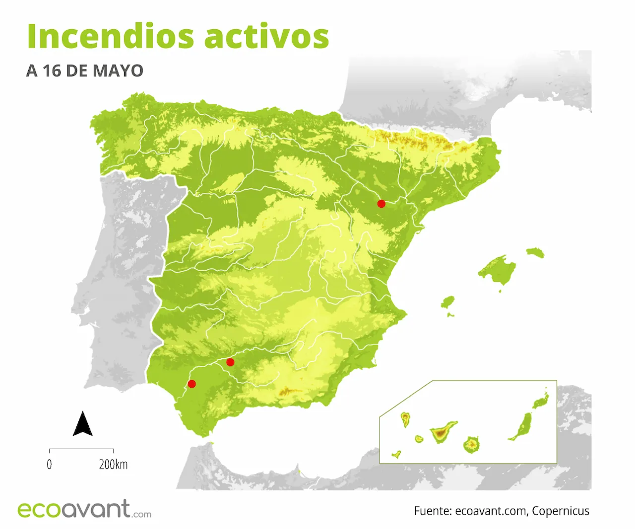 Mapa de los incendios forestales activos a 26 de mayo de 2023 / Mapa: EA