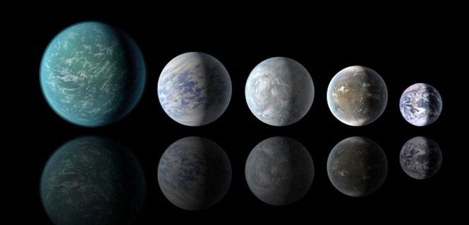 Tamaños relativos de 'exoplanetas' de izquierda a derecha: Kepler-22b, Kepler-69c, Kepler-62e, Kepler-62f y la Tierra Imagen: NASA Ames / JPL-Caltech.