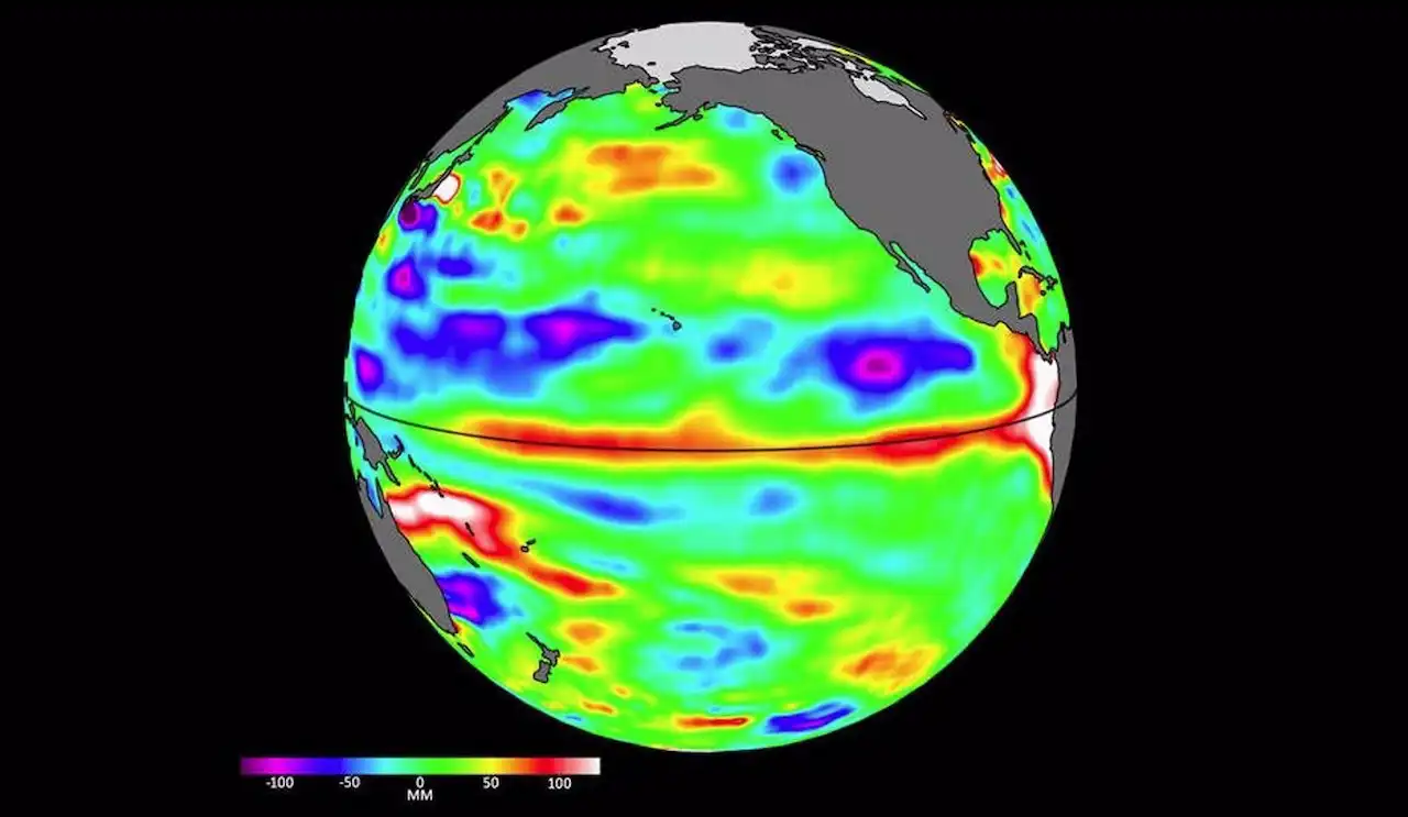 Los datos del nivel del mar del satélite Sentinel 6 Michael Freilich del 24 de abril muestran aguas oceánicas relativamente más altas (en rojo y blanco) / Imagen: NASAy más cálidas en el ecuador y la costa oeste de América del