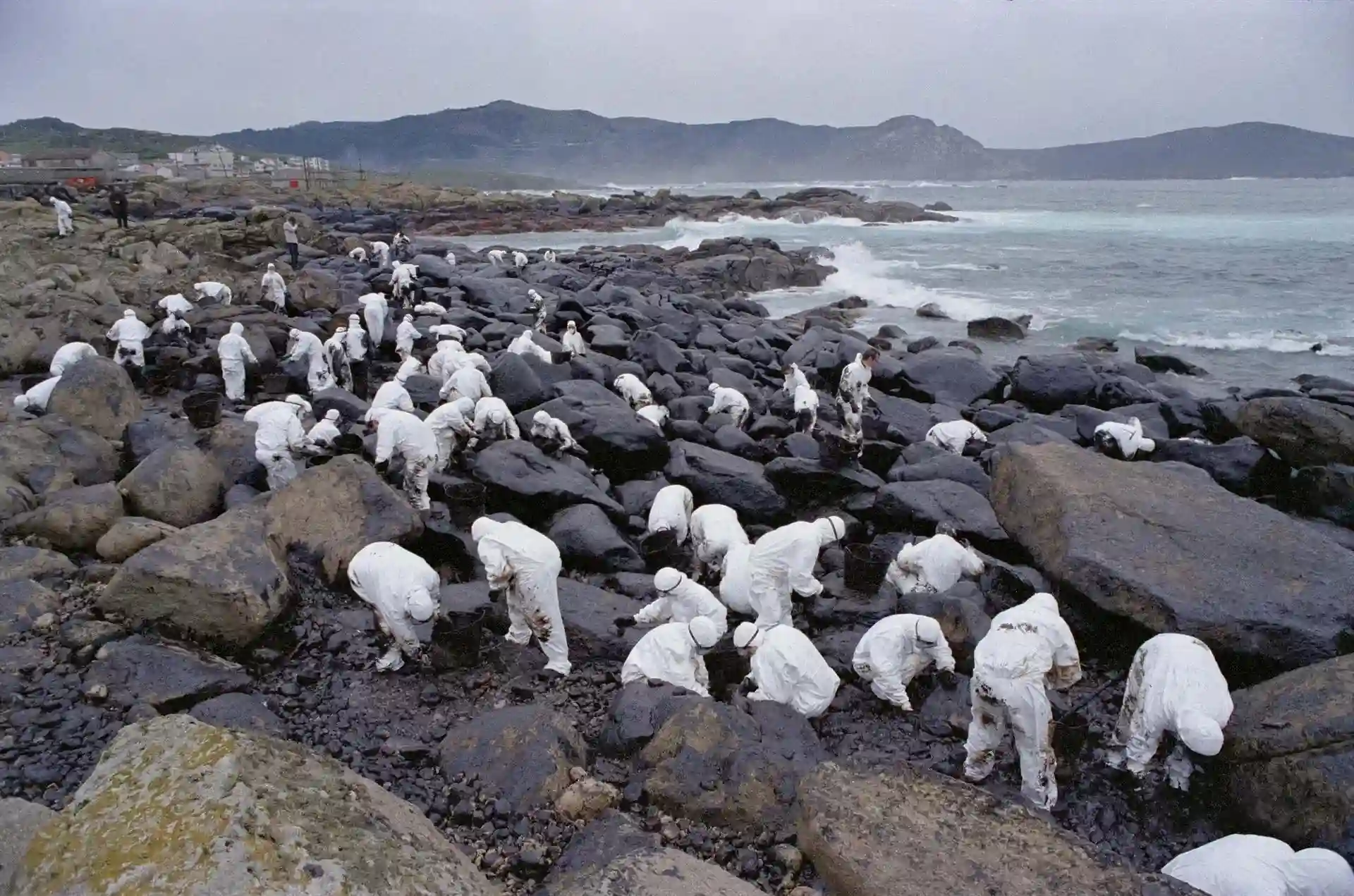 Regular y perseguir el crimen de ecocidio. Voluntarios limpian la costa de la localidad gallega de Muxía después del chapapote en 2002 / Foto: Álvaro Ballesteros