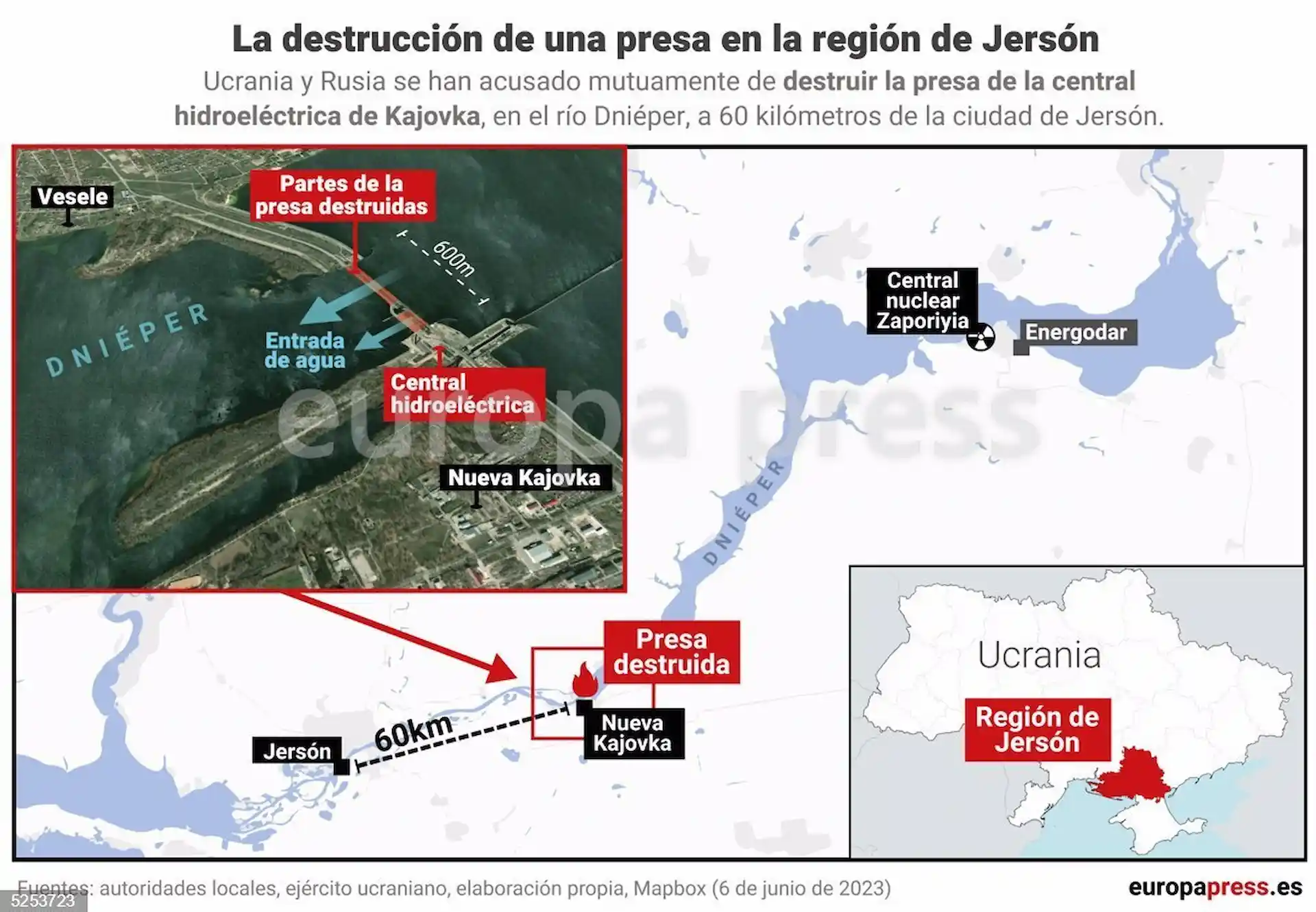 La explosión de una presa en la región de Jersón (Ucrania) / Mapa: EP