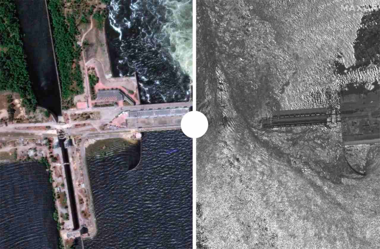 El antes y el después de la destrucción de la presa en Ucrania / Foto: EP