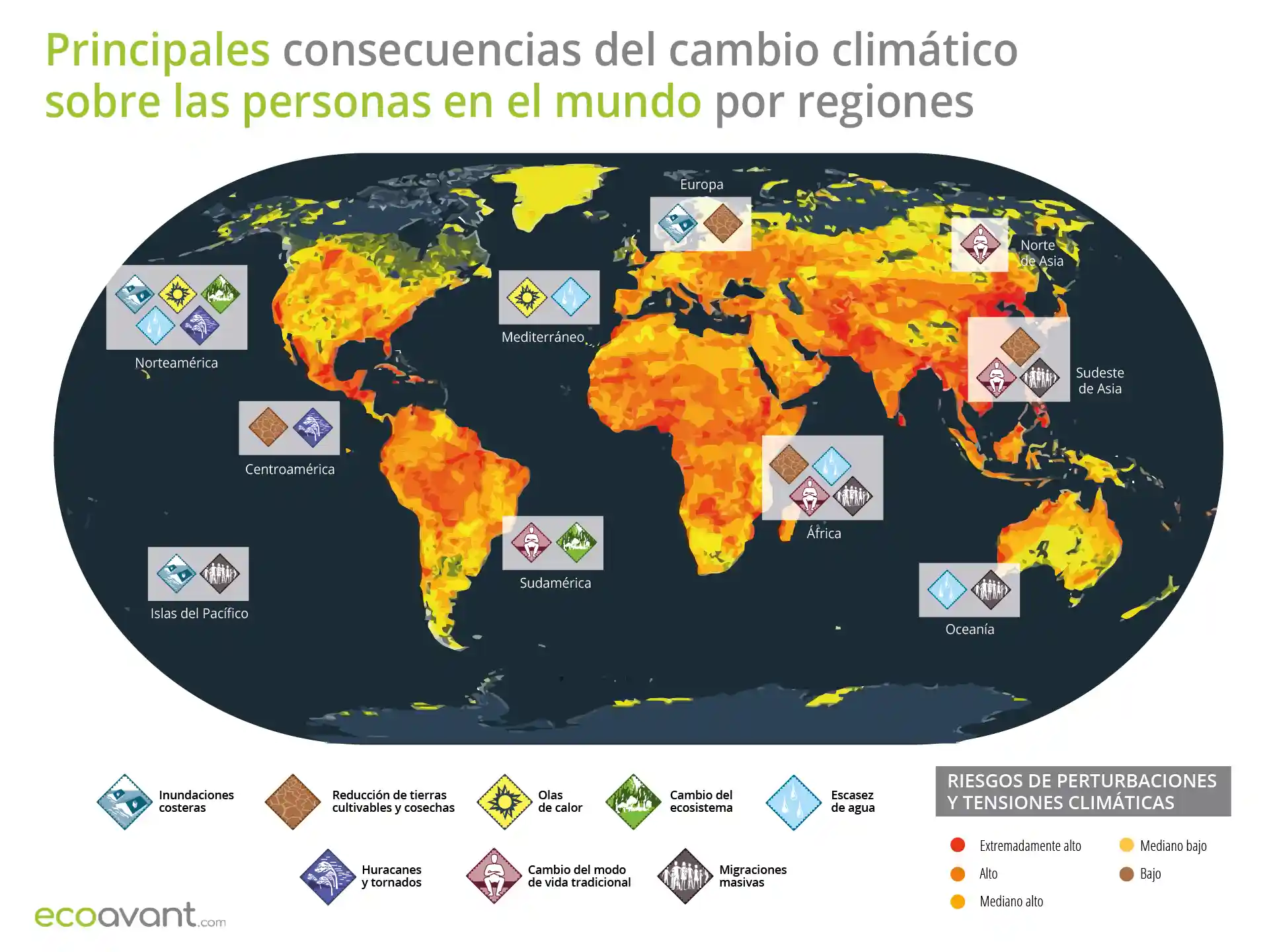 Mapa de las principales consecuencias del cambio climático sobre las personas en el mundo por regiones / Imagen: EA Mapa de las principales consecuencias del cambio climático sobre las personas en el mundo por regiones / Imagen: EA
