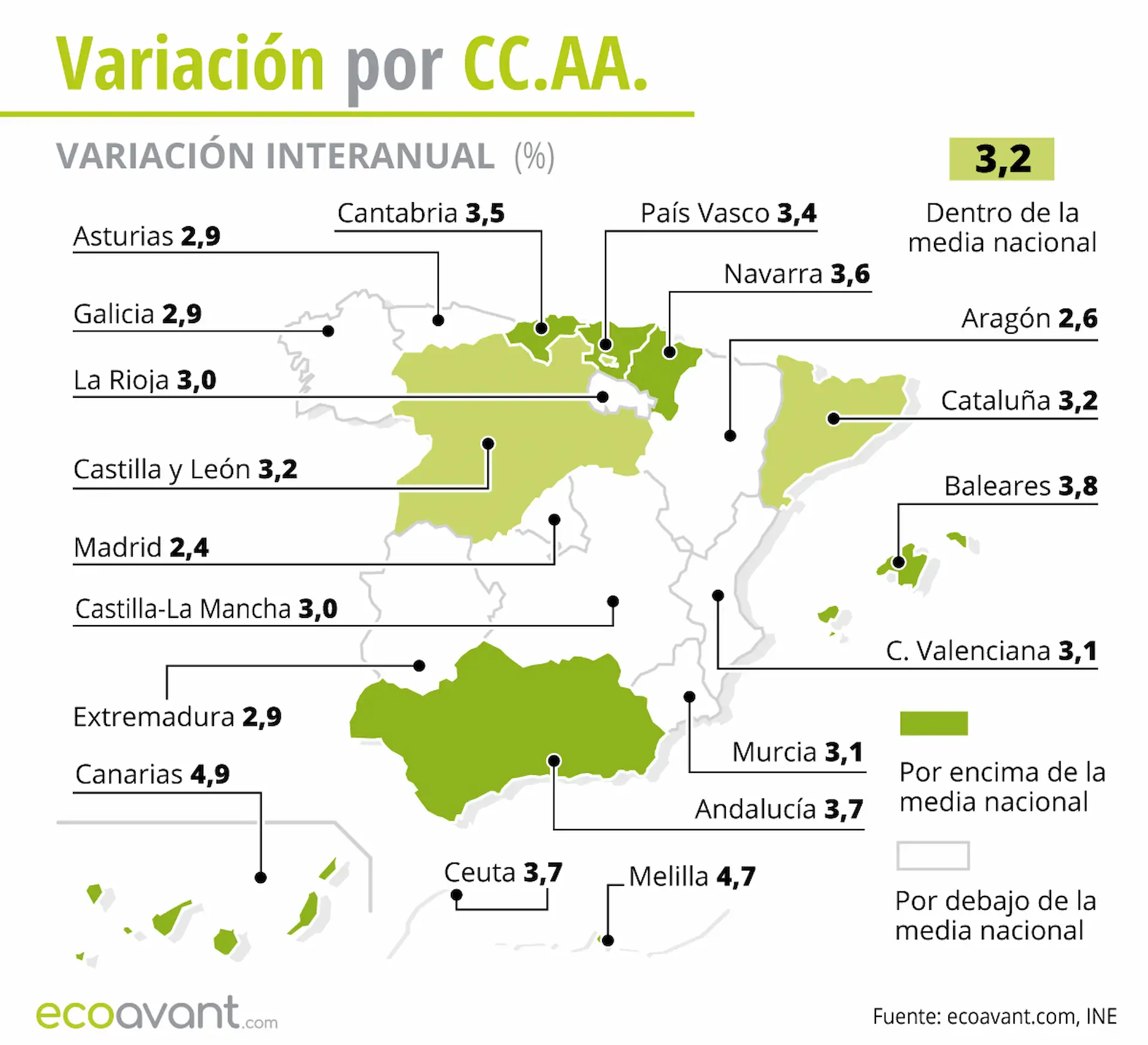 Variación interanual del IPC por CCAA hasta mayo de 2023 / Mapa: EA