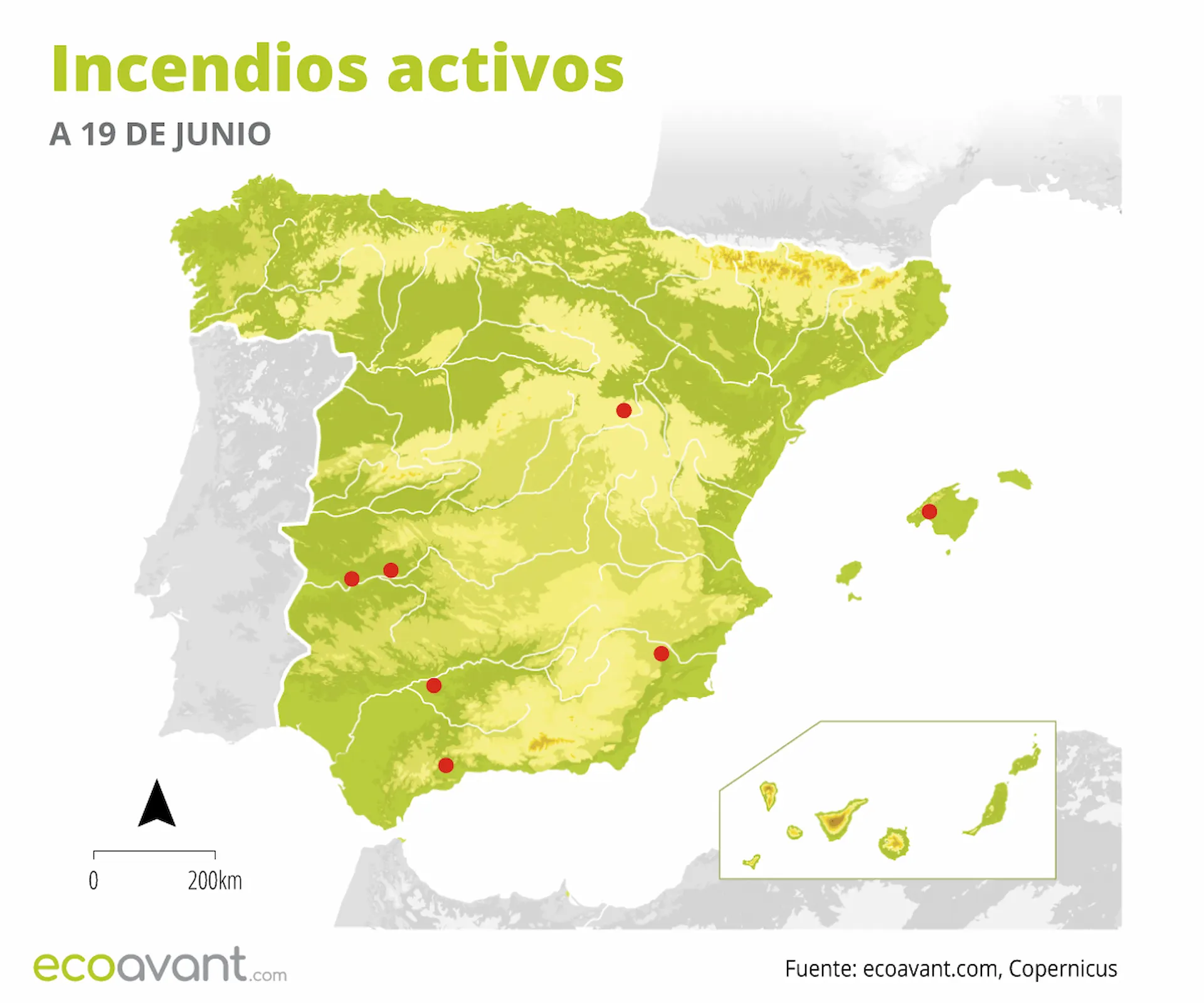 Mapa de los incendios forestales activos a 19 de junio de 2023 / Mapa: EcoAvant.com Mapa de los incendios forestales activos a 19 de junio de 2023 / Mapa: EcoAvant.com