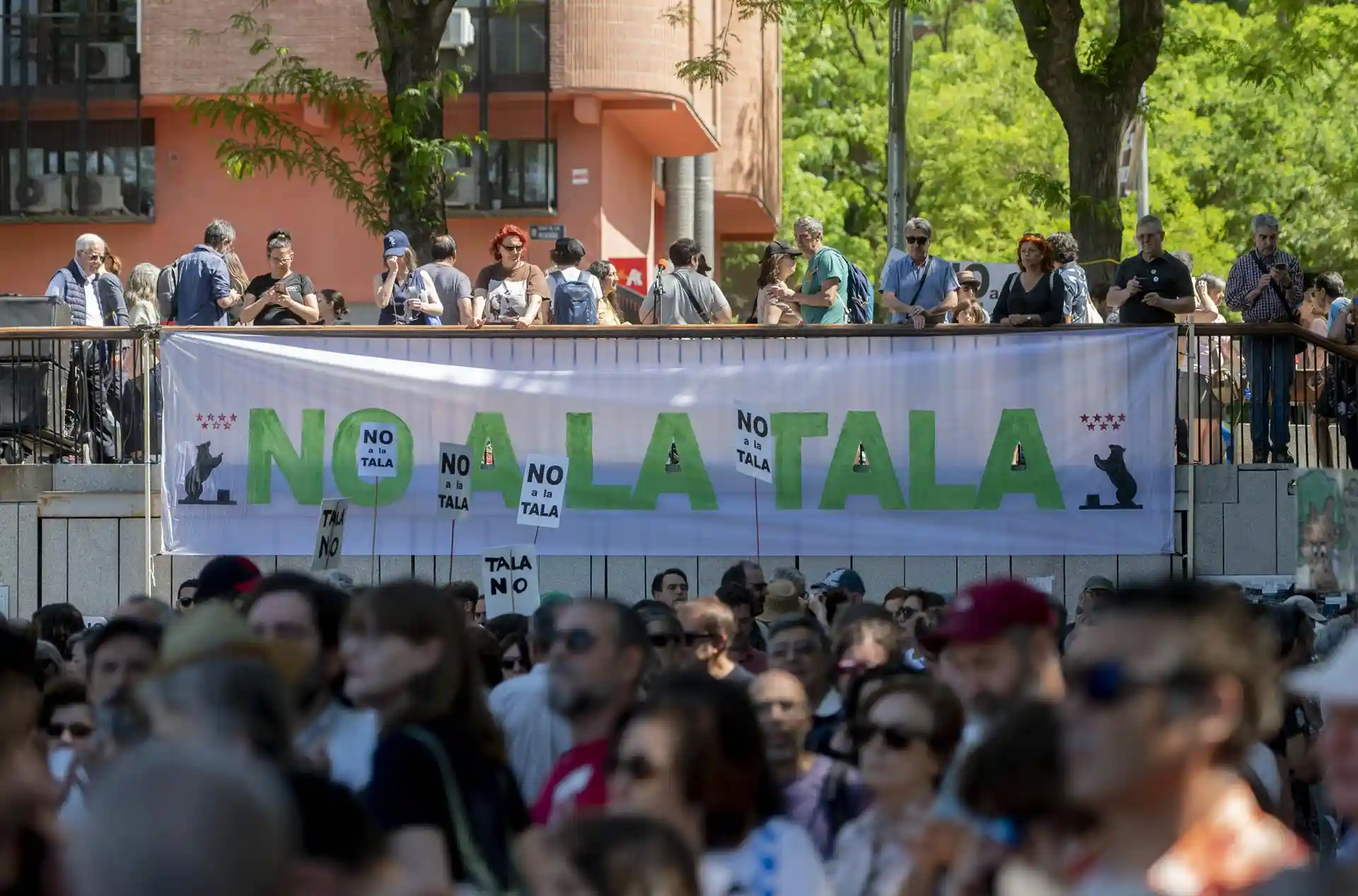 'No a la tala'. Asociaciones vecinales se manifiestan en contra de la tala de 242 árboles en el Parque de Arganzuela, Madrid / Foto: Alberto Ortega