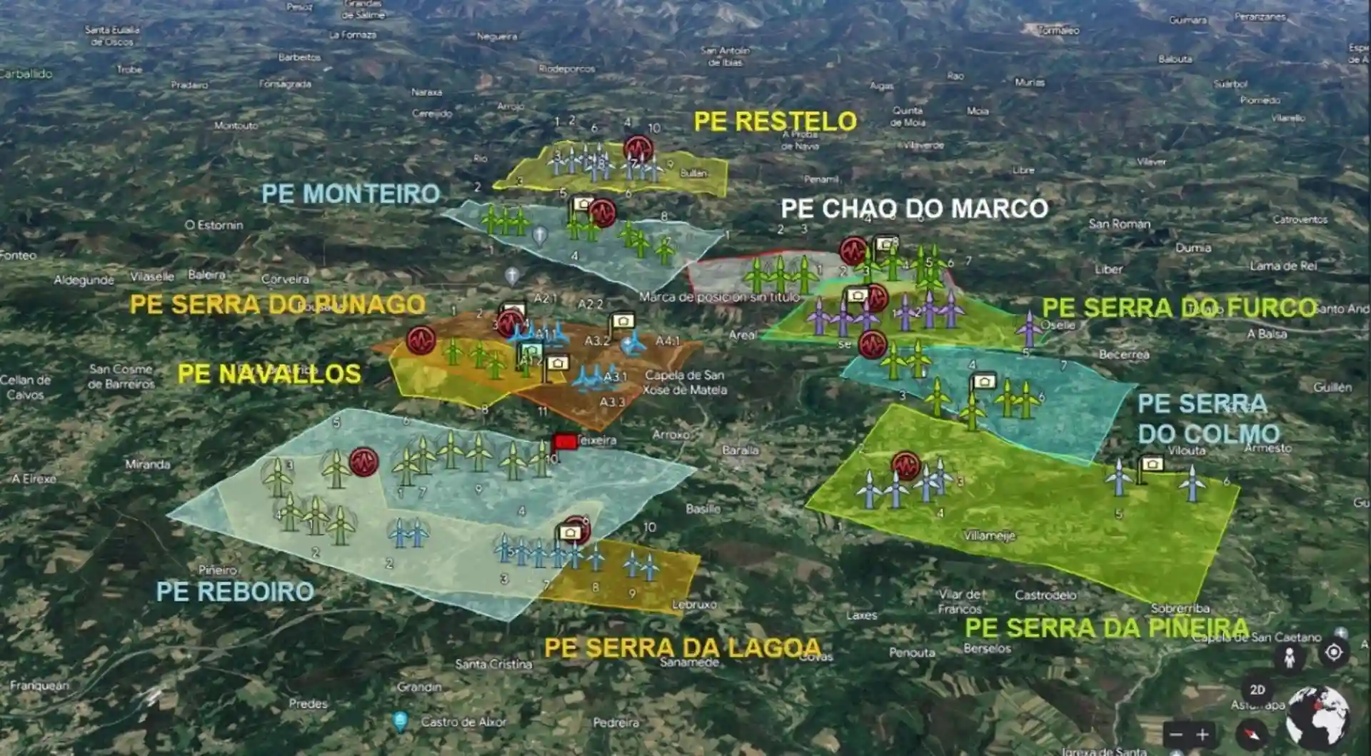 Detalle de los polígonos de los proyectos eólicos 'Complexo eólico dos Ancares' / Imagen: Ecologistas en Acción