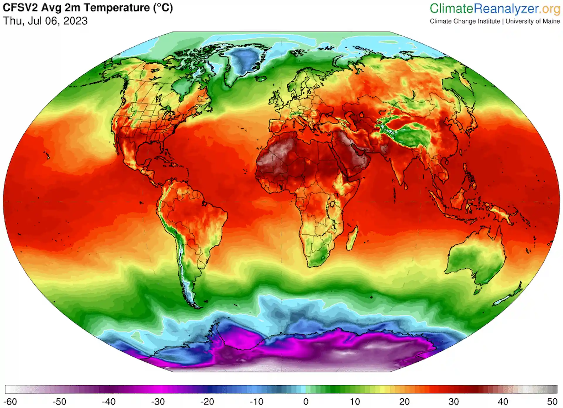 Visualización de mapa de la temperatura media diaria del aire a 2 metros del Sistema de Pronóstico Climático (CFS) / Mapa: Climate Reanalyzer Visualización de mapa de la temperatura media diaria del aire a 2 metros del Sistema de Pronóstico Climático (CFS) / Mapa: Climate Reanalyzer