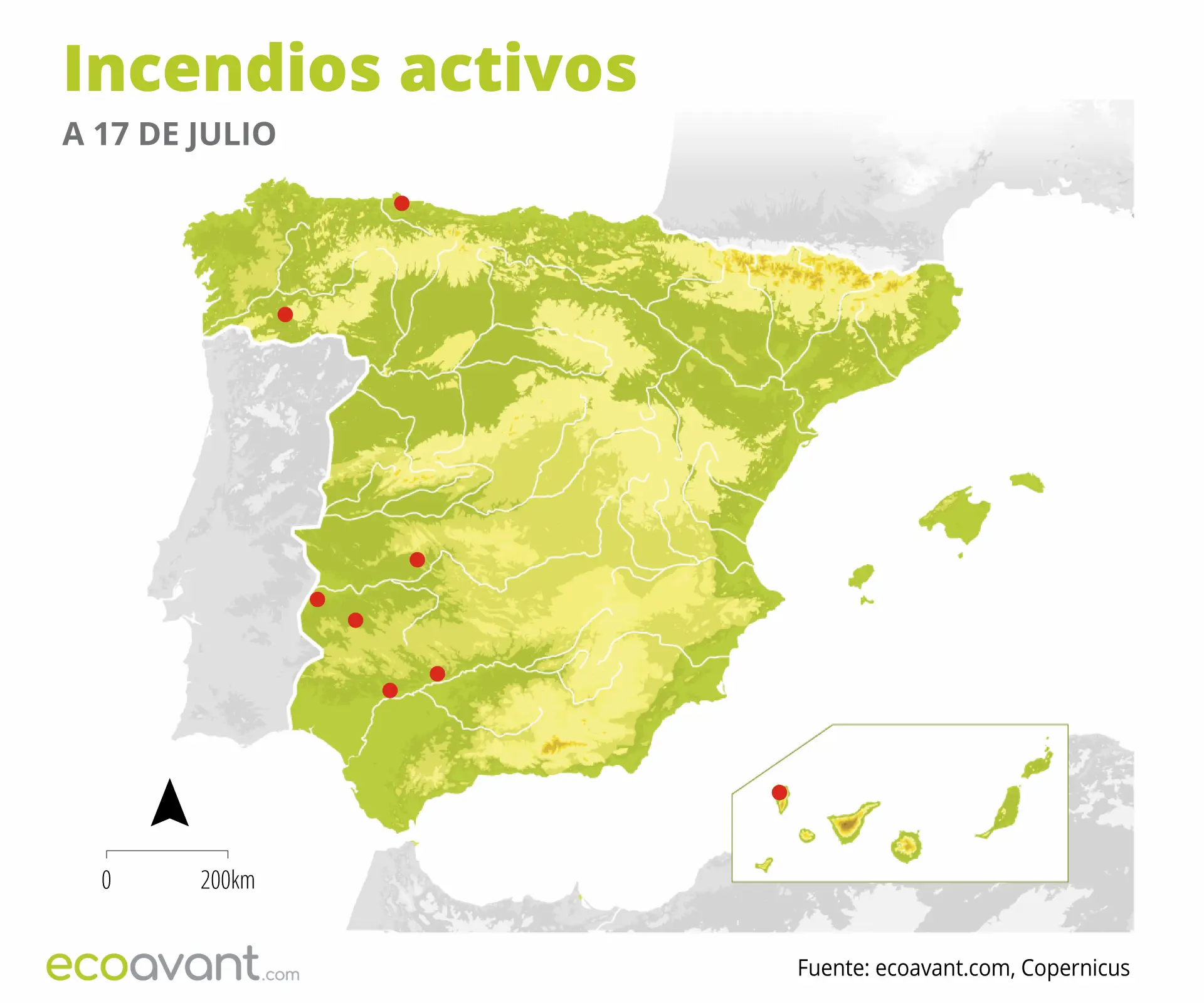 Mapa de los incendios forestales activos a 17 de julio de 2023 / Mapa: EcoAvant.com Mapa de los incendios forestales activos a 17 de julio de 2023 / Mapa: EcoAvant.com