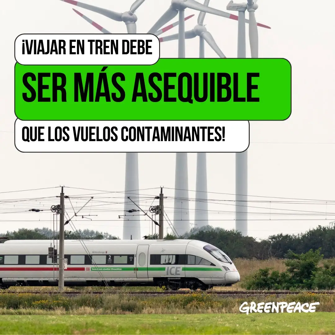 "Viajar en tren debe ser más asequible que los vuelos contaminantes" / Imagen: Greenpeace "Viajar en tren debe ser más asequible que los vuelos contaminantes" / Imagen: Greenpeace
