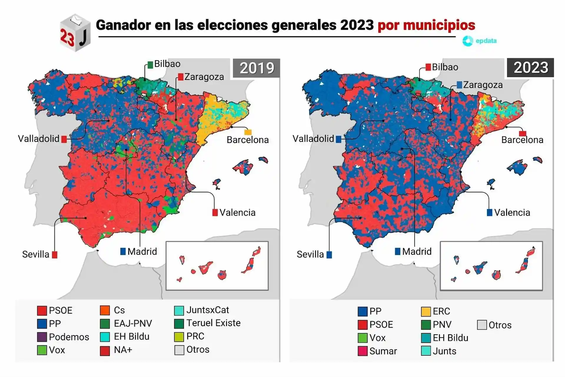 Ganador de las elecciones generales del 23 de julio de 2023 por municipios / Mapas: EP Ganador de las elecciones generales del 23 de julio de 2023 por municipios / Mapas: EP