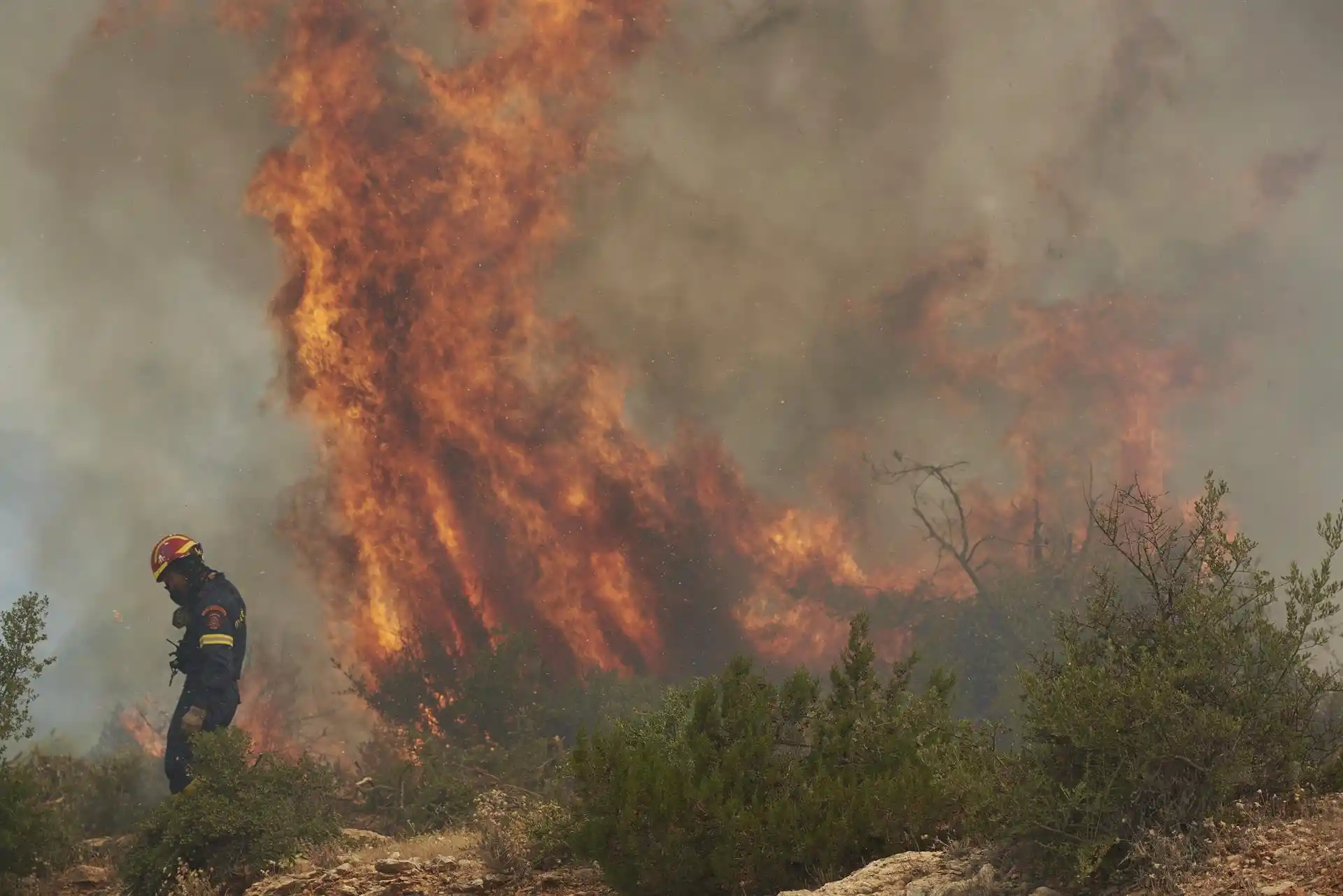 Bomberos intentan contener un incendio forestal que estalló en el área de Dervenochoria Viotia a unos 50 kilómetros cerca de Atenas. Incendios forestales / Foto: EP