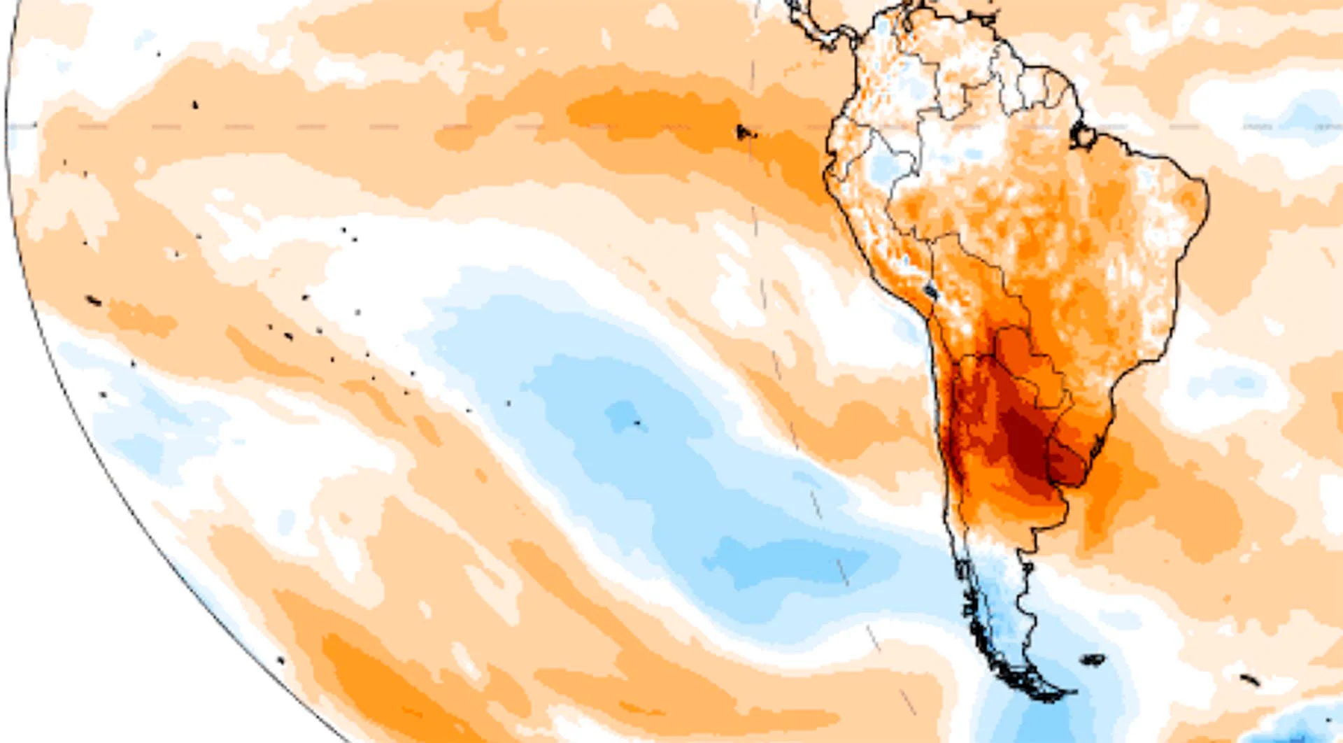Anomalía de la temperatura el miércoles 2 de agosto de 2023. Ola de calor más extrema en pleno invierno austral / Foto: ClimateReanalyzer.org